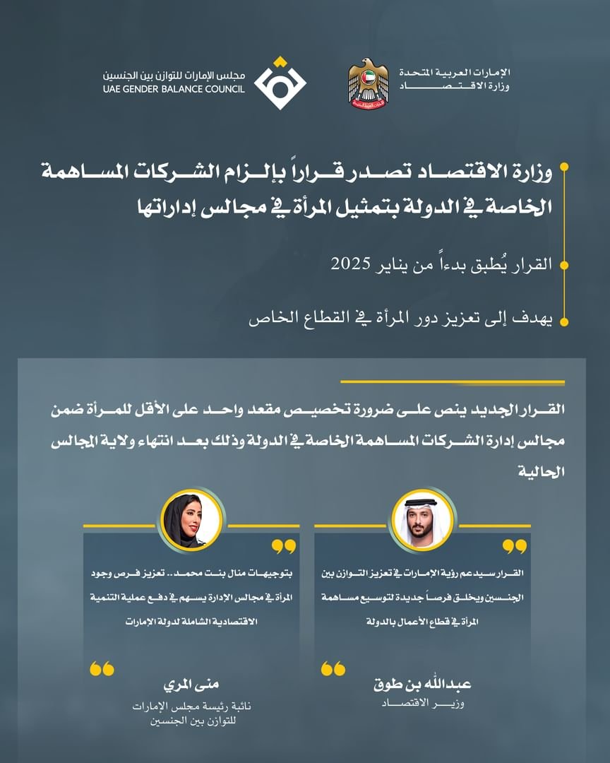 "الاقتصاد" تصدر قراراً بإلزام الشركات المساهمة الخاصة في الدولة بتمثيل المرأة في مجالس إداراتها 1 "الاقتصاد" تصدر قراراً بإلزام الشركات المساهمة الخاصة في الدولة بتمثيل المرأة في مجالس إداراتها