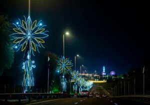 بلدية مدينة أبوظبي تزين الطريق المؤدية لمهرجان الشيخ زايد في الوثبة بتشكيلات ومجسمات مضيئة
