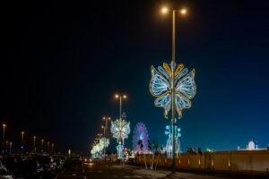 بلدية مدينة أبوظبي تزين الطريق المؤدية لمهرجان الشيخ زايد في الوثبة بتشكيلات ومجسمات مضيئة