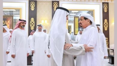حميد بن راشد يتقبل تعازي سعود بن صقر والشيوخ في وفاة الشيخ سعيد بن راشد النعيمي