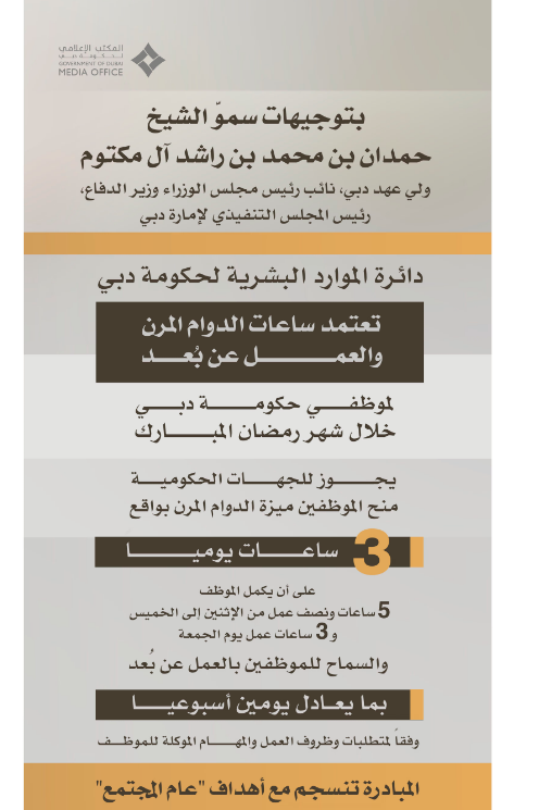 "الموارد البشرية" تعتمد ساعات الدوام المرن والعمل عن بُعد خلال شهر رمضان المبارك لموظفي حكومة دبي 1 "الموارد البشرية" تعتمد ساعات الدوام المرن والعمل عن بُعد خلال شهر رمضان المبارك لموظفي حكومة دبي