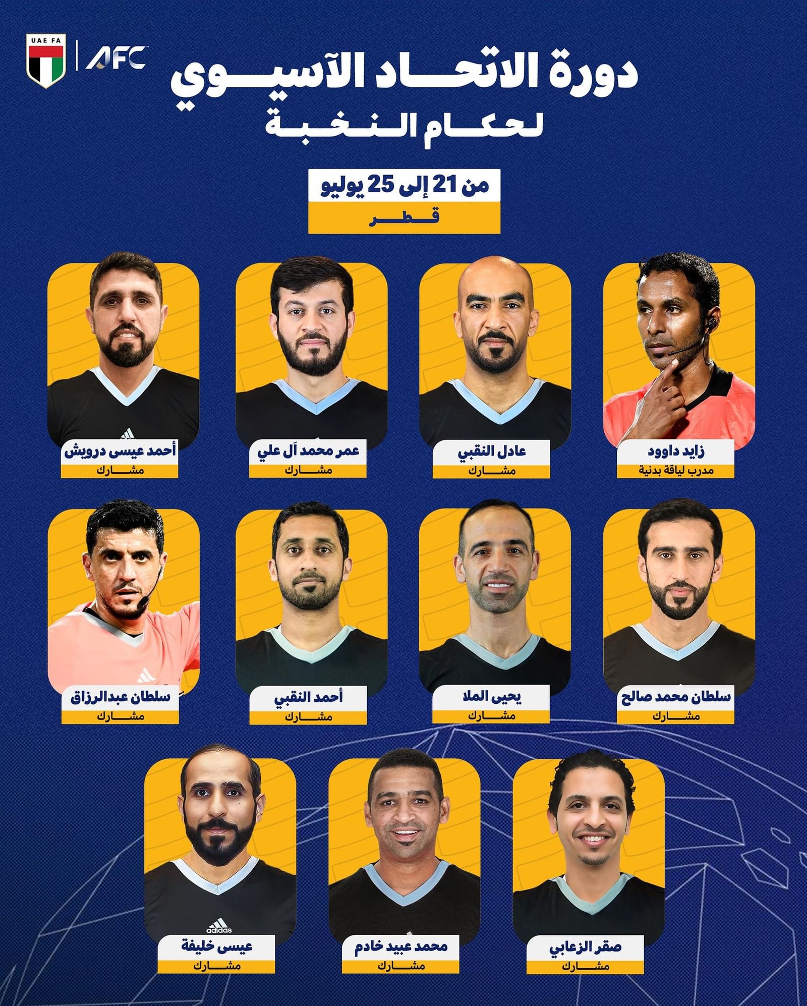 11 حكما إماراتيا يشاركون بـ "ملتقى الاتحاد الآسيوي للنخبة" في الدوحة 1 11 حكما إماراتيا يشاركون بـ "ملتقى الاتحاد الآسيوي للنخبة" في الدوحة