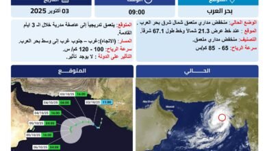 "الوطني للأرصاد": منخفض مداري متعمق في بحر العرب يتطور لعاصفة دون تأثير على الدولة