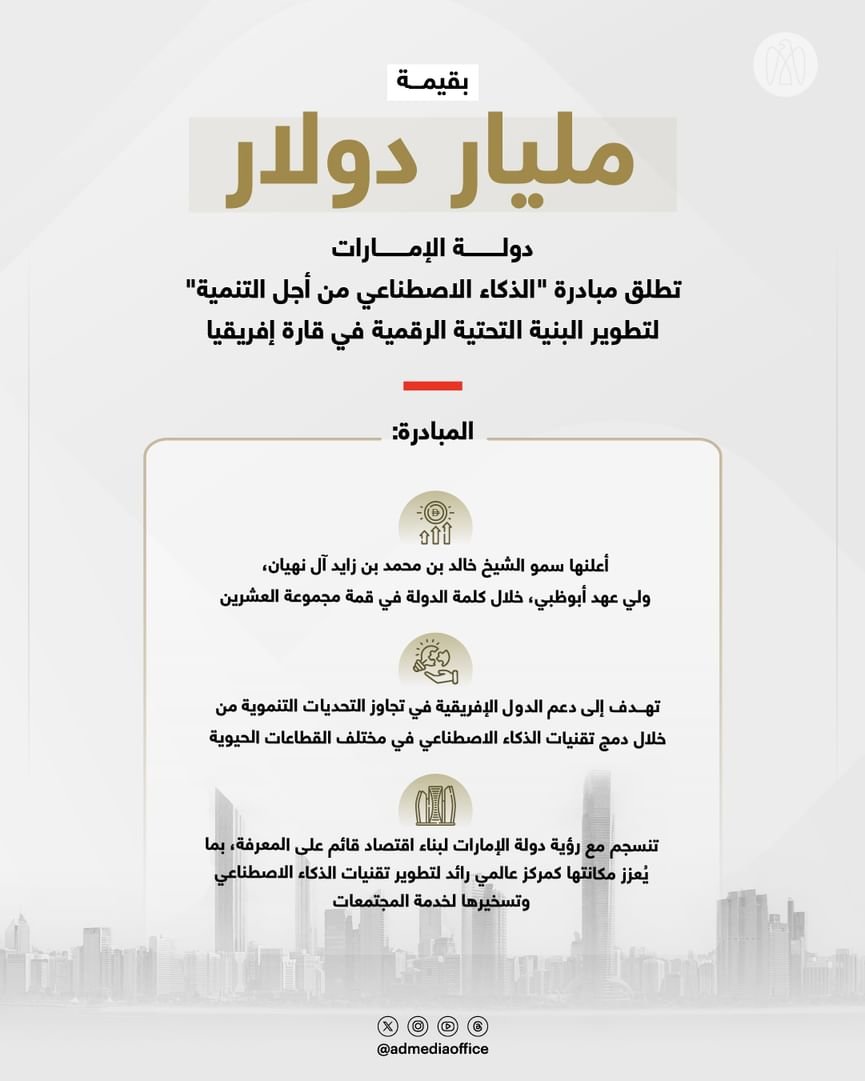 بقيمة مليار دولار.. الإمارات تطلق مبادرة "الذكاء الاصطناعي من أجل التنمية" لتطوير البنية التحتية الرقمية في قارة أفريقيا 1 بقيمة مليار دولار.. الإمارات تطلق مبادرة "الذكاء الاصطناعي من أجل التنمية" لتطوير البنية التحتية الرقمية في قارة أفريقيا