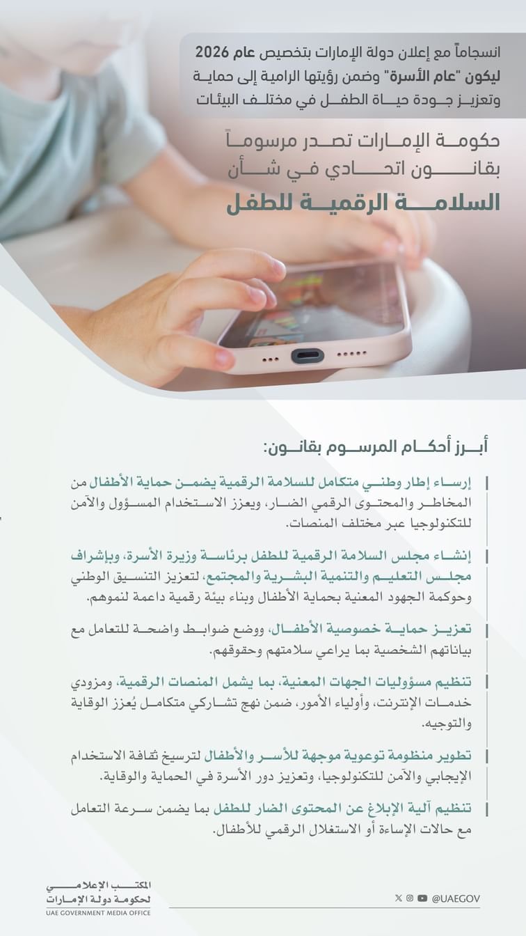 حكومة الإمارات تصدر مرسوماً بقانون اتحادي في شأن السلامة الرقمية للطفل 1 حكومة الإمارات تصدر مرسوماً بقانون اتحادي في شأن السلامة الرقمية للطفل