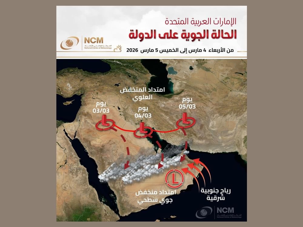 "الأرصاد": منخفض جوي وأمطار متفاوتة الشدة على مناطق متفرقة من الدولة 4 و5 مارس 1 "الأرصاد": منخفض جوي وأمطار متفاوتة الشدة على مناطق متفرقة من الدولة 4 و5 مارس