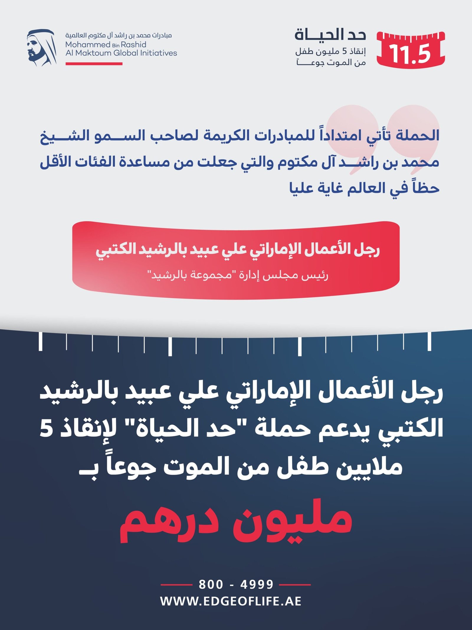 رجل أعمال يدعم حملة "حد الحياة" لإنقاذ 5 ملايين طفل من الموت جوعاً بمليون درهم 1 رجل أعمال يدعم حملة "حد الحياة" لإنقاذ 5 ملايين طفل من الموت جوعاً بمليون درهم