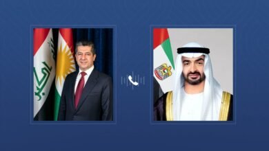 خلال اتصال هاتفي مع رئيس الدولة..رئيس حكومة إقليم كردستان العراق يدين الهجوم الإرهابي على قنصلية الإمارات