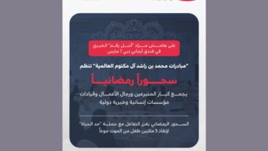 "مبادرات محمد بن راشد آل مكتوم العالمية" تنظم غداً سحوراً رمضانياً يجمع كبار المتبرعين ورجال الأعمال وقيادات مؤسسات إنسانية وخيرية دولية