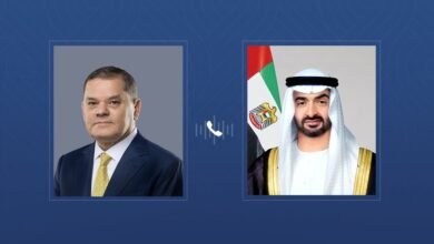 رئيس الدولة يتلقى اتصالاً هاتفياً من رئيس حكومة الوحدة الوطنية أكد خلاله تضامن ليبيا مع الإمارات إثر الاعتداءات الإيرانية على أراضيها