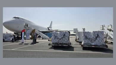 ضمن جسر حميد الجوي وبالتعاون مع "الفارس الشهم 3" / طائرة إغاثة محملة بـ 100 طن من المواد الغذائية تغادر إلى غزة