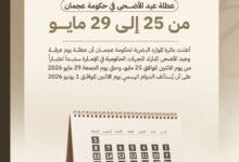 عطلة عيد الأضحى في حكومة عجمان من 25 إلى 29 مايو 32 عطلة عيد الأضحى في حكومة عجمان من 25 إلى 29 مايو