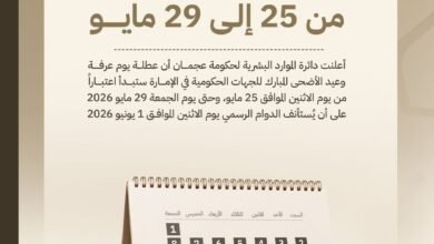 عطلة عيد الأضحى في حكومة عجمان من 25 إلى 29 مايو