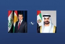 رئيس الدولة يتلقى اتصالاً هاتفياً من رئيس حكومة إقليم كردستان العراق أدان خلاله الاعتداءات الإيرانية الإرهابية ضد الإمارات