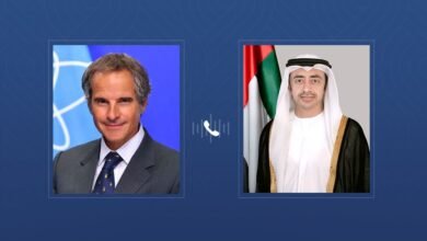 عبدالله بن زايد يجري اتصالاً هاتفياً مع المدير العام للوكالة الدولية للطاقة الذرية ويدين بشدة الاعتداء الإرهابي الغادر الذي أسفر عن حريق في مولد كهربائي خارج المحيط الداخلي لمحطة براكة للطاقة النووية