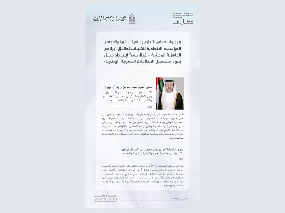 المؤسسة الاتحادية للشباب تطلق "برنامج الجاهزية الوطنية - غطاريف" 1 المؤسسة الاتحادية للشباب تطلق "برنامج الجاهزية الوطنية - غطاريف"