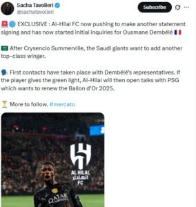 الهلال السعودي يبدأ التفاوض مع عثمان ديمبلي