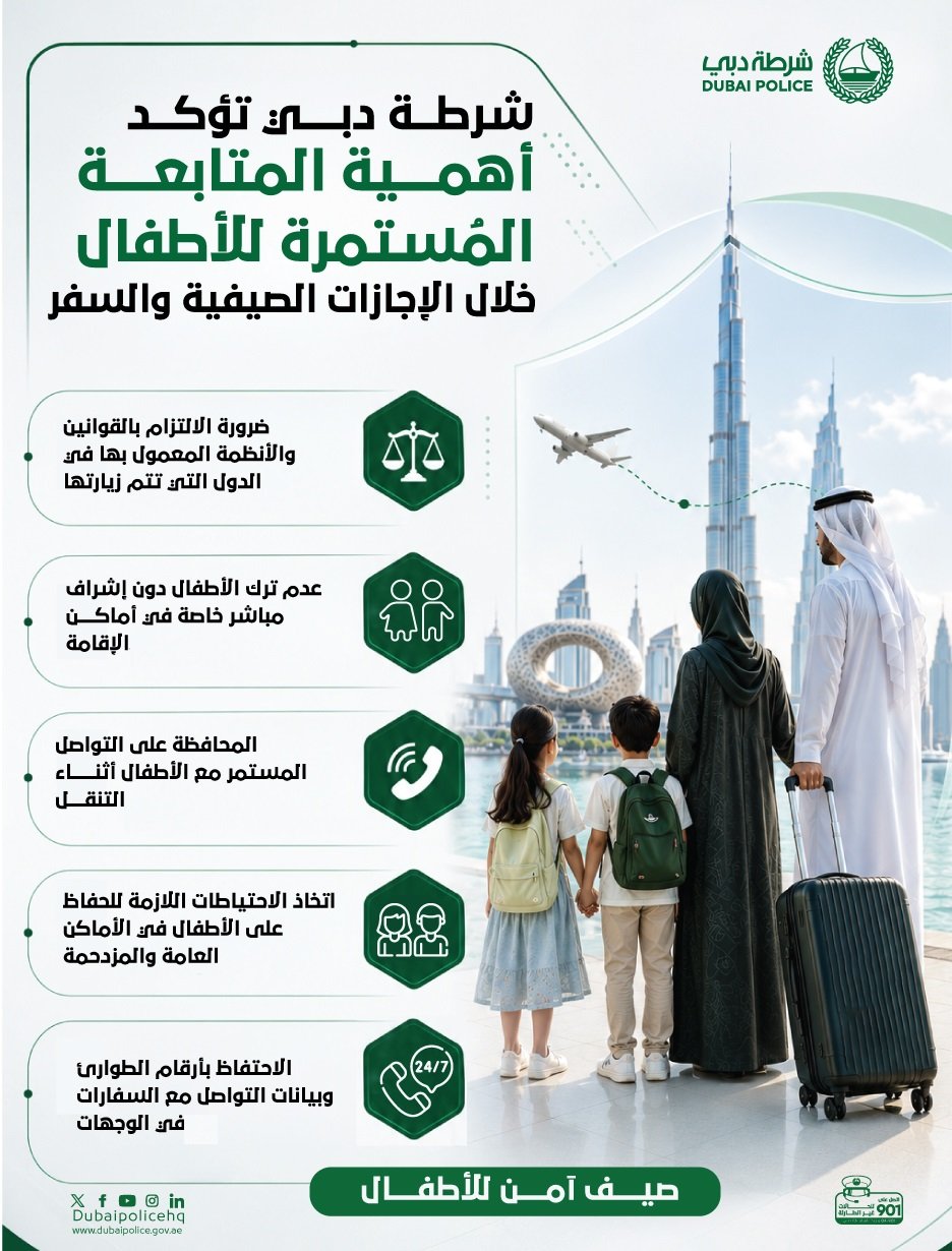 «شرطة دبي» تؤكد أهمية المتابعة المُستمرة للأطفال خلال الإجازات الصيفية والسفر 1 شرطة دبي