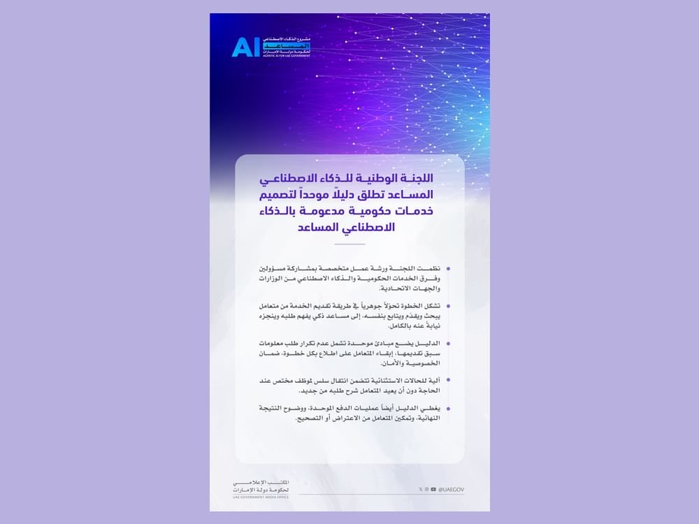 اللجنة الوطنية للذكاء الاصطناعي المساعد تطلق دليلاً موحداً لتصميم خدمات حكومية مدعومة بالذكاء الاصطناعي المساعد 1 اللجنة الوطنية للذكاء الاصطناعي المساعد تطلق دليلاً موحداً لتصميم خدمات حكومية مدعومة بالذكاء الاصطناعي المساعد