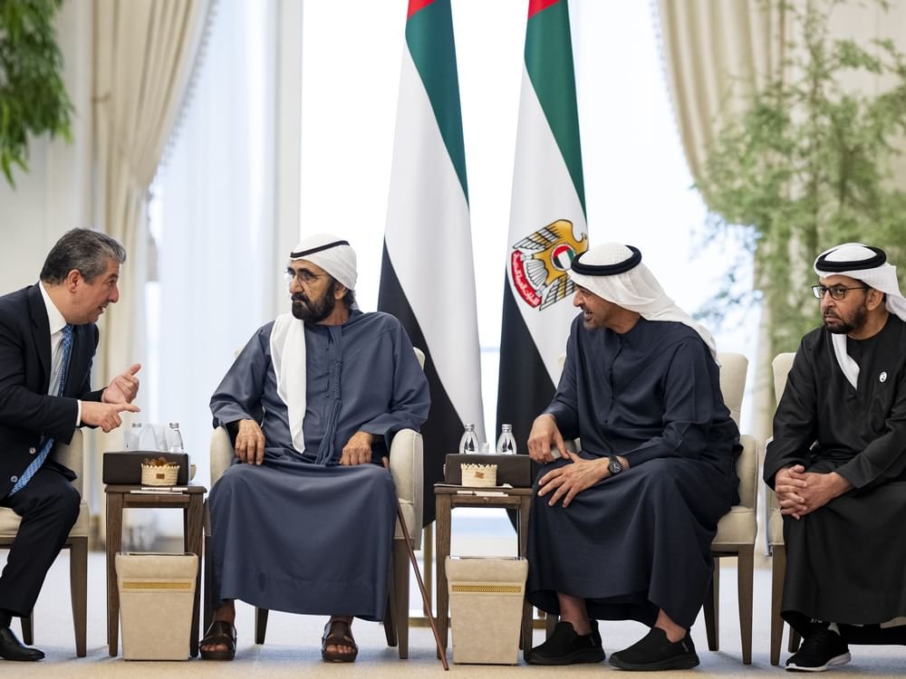 رئيس الدولة يستقبل رئيس حكومة إقليم كردستان العراق بحضور محمد بن راشد 1 رئيس الدولة يستقبل رئيس حكومة إقليم كردستان العراق بحضور محمد بن راشد
