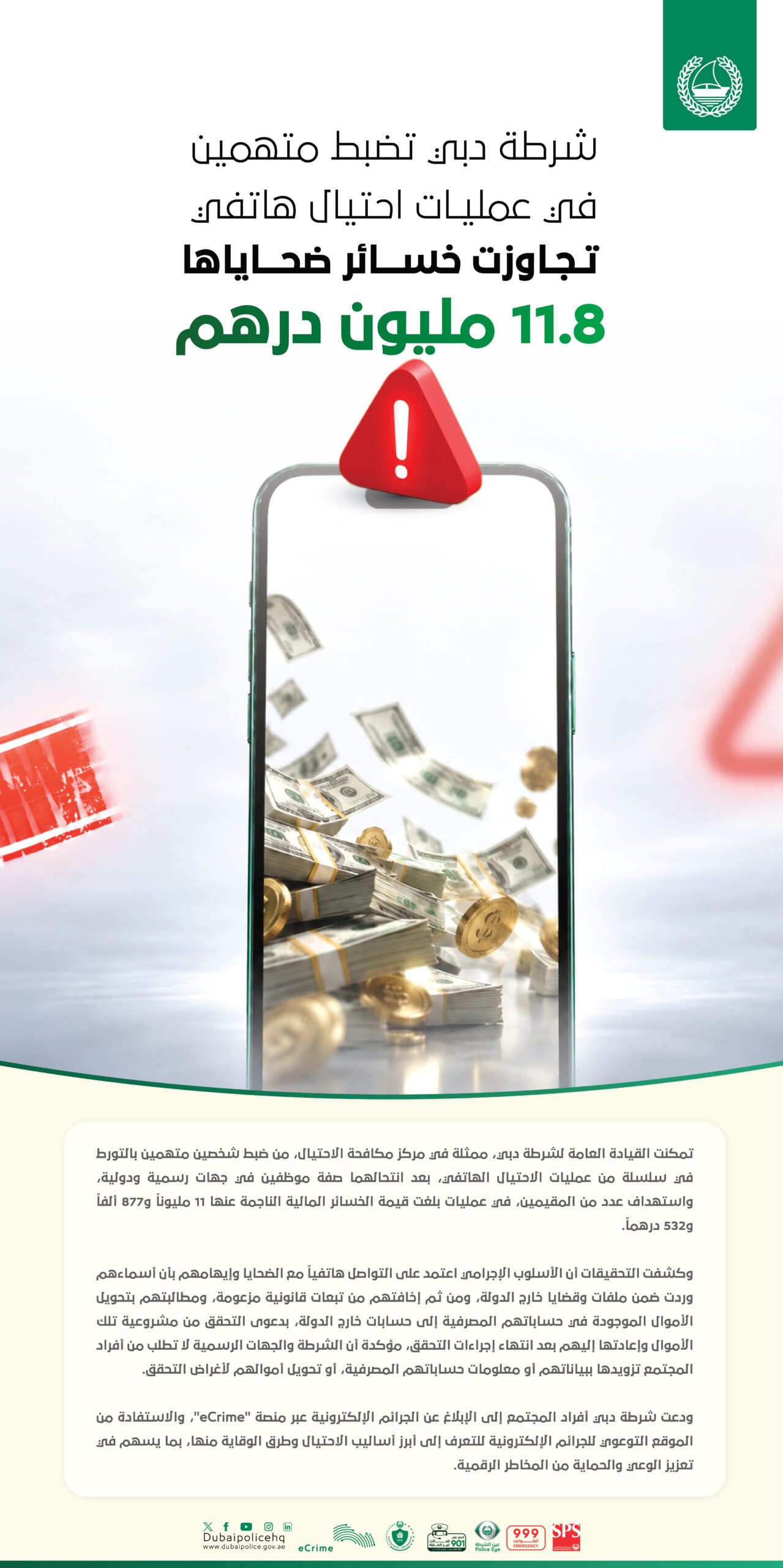 شرطة دبي تضبط متهمين في عمليات احتيال هاتفي تجاوزت خسائر ضحاياها 11.8 مليون درهم 1 شرطة دبي